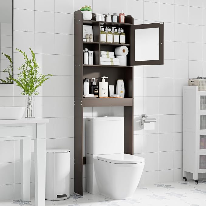 ZenStyle Over The Toilet Cabinet Double Door Wood Bathroom Storage Organizer with Adjustable Shelves, Cubby and Tempered Glass Door (Brown) - Image 4