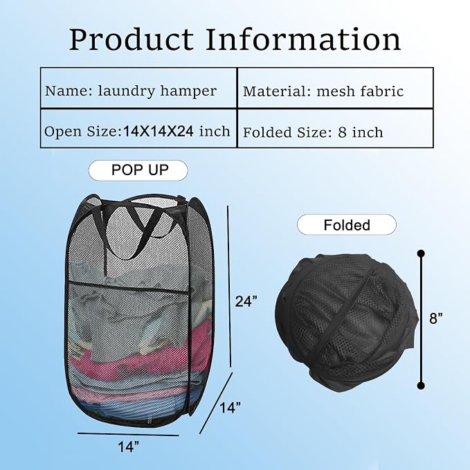 Mesh Pop Up Laundry Hamper, Collapsible Laundry Basket with Side Pocket, Dirty Clothes Mesh Basket Foldable for Cruise, Travel, Camping (Black - 1 Pack) - Image 2