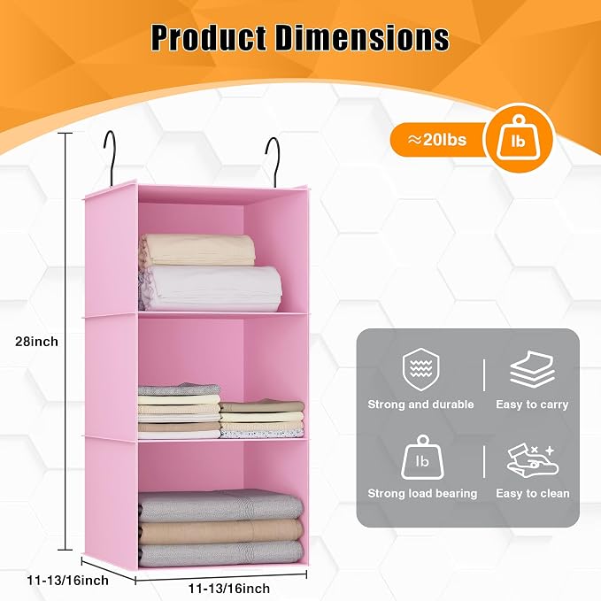 Hanging Closet Organizer 3-Shelf, Oxford Fabric Wardrobe Storage, Pink | Easy-mount foldable design holds clothes, handbags, shoes & accessories; washable Oxford fabric, sturdy and space-saving. - Image 3