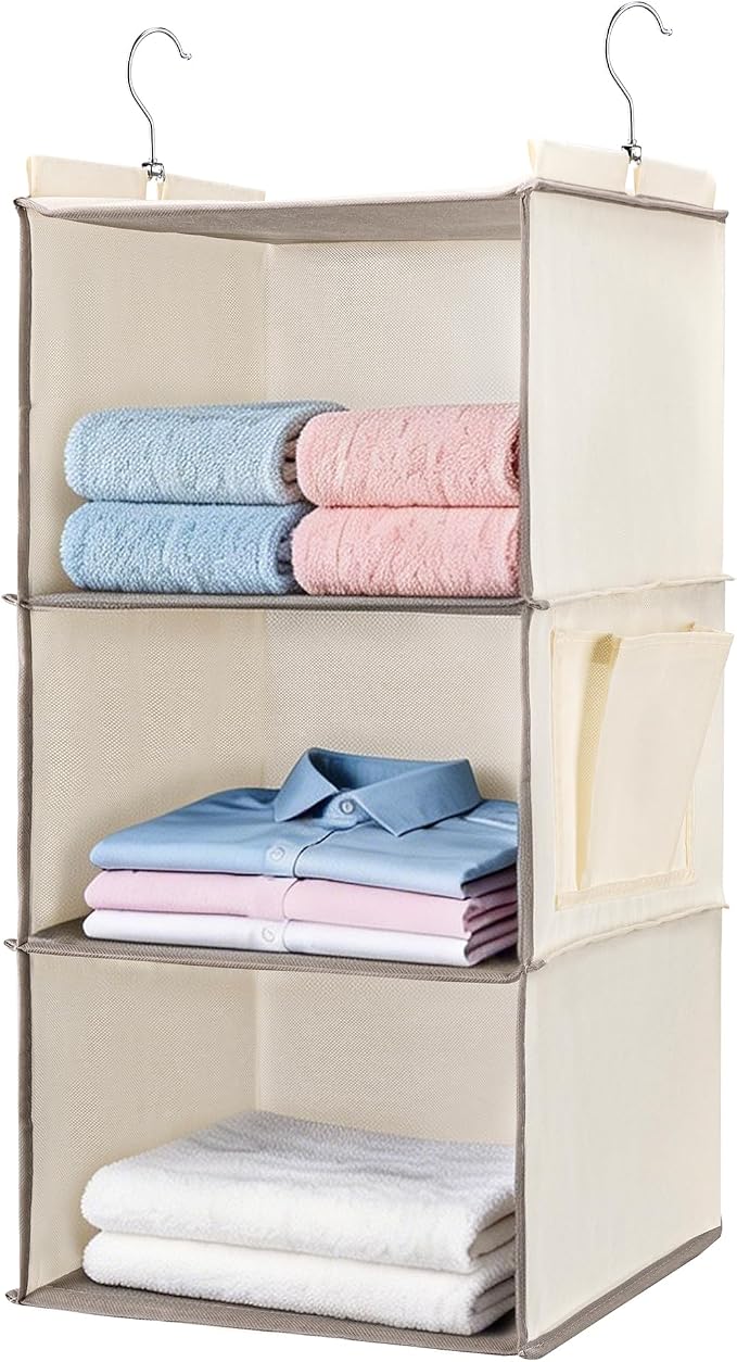 Hanging Closet Organizer and Shelves,3 Shelves with 1 Side Pockets (Beige) | Foldable, Grey Fabric, Modern Style, for Bedroom and Dorm Room by BOOMIBOO