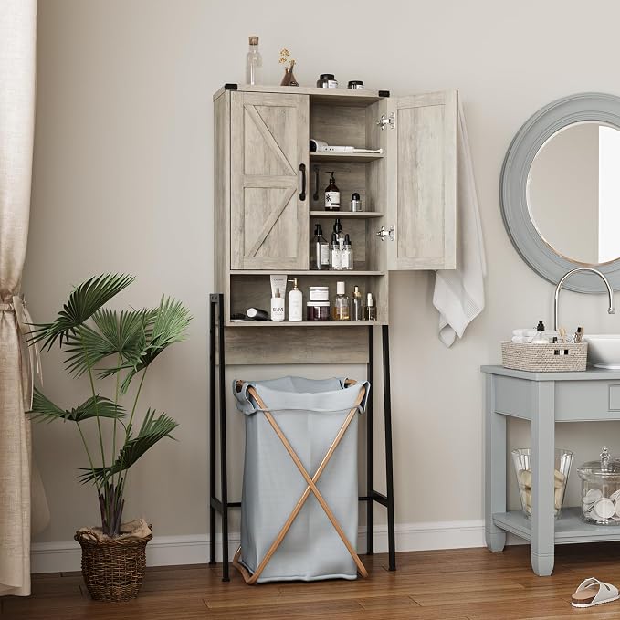 Vabches Over The Toilet Storage Cabinet with 2-Door Design Bathroom Organizers and Storage with Anti-Tip Device Over Toilet Organizer with Shelves for Bathroom,Restroom,Laundry Grey - Image 6