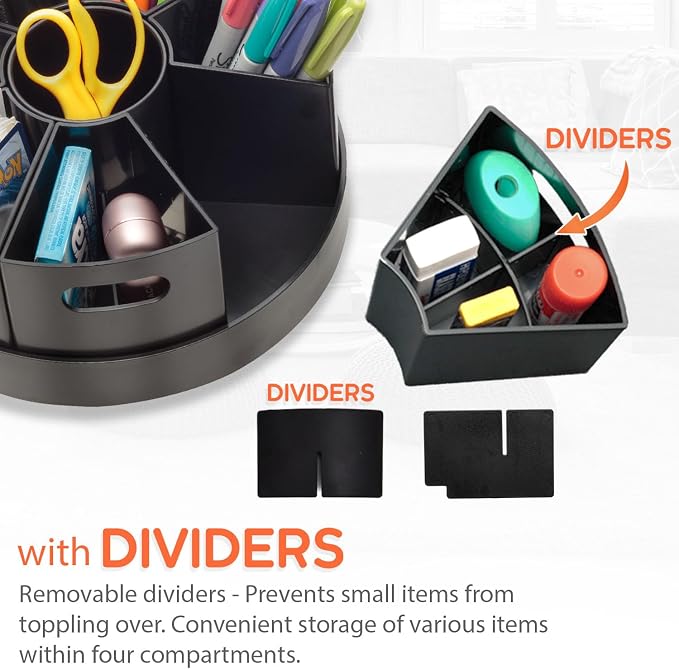 Black Rotating Desk Organizer with Dividers Lazy Susan Caddies for Home School Office Supplies, Pens, Markers and Art Supplies for Classroom - Image 3