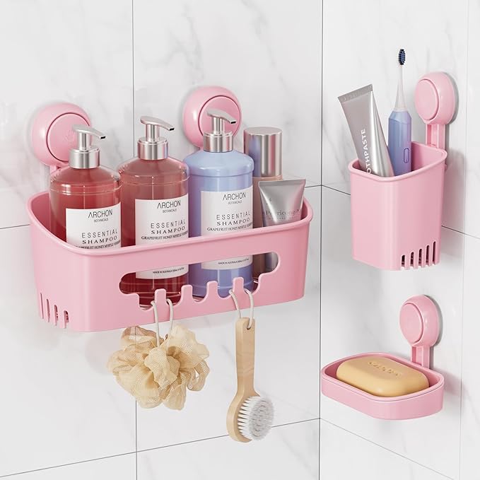 LEVERLOC Shower Caddy Suction Cup Set Shower Organizer & Soap Holder, Pink by LEVERLOC