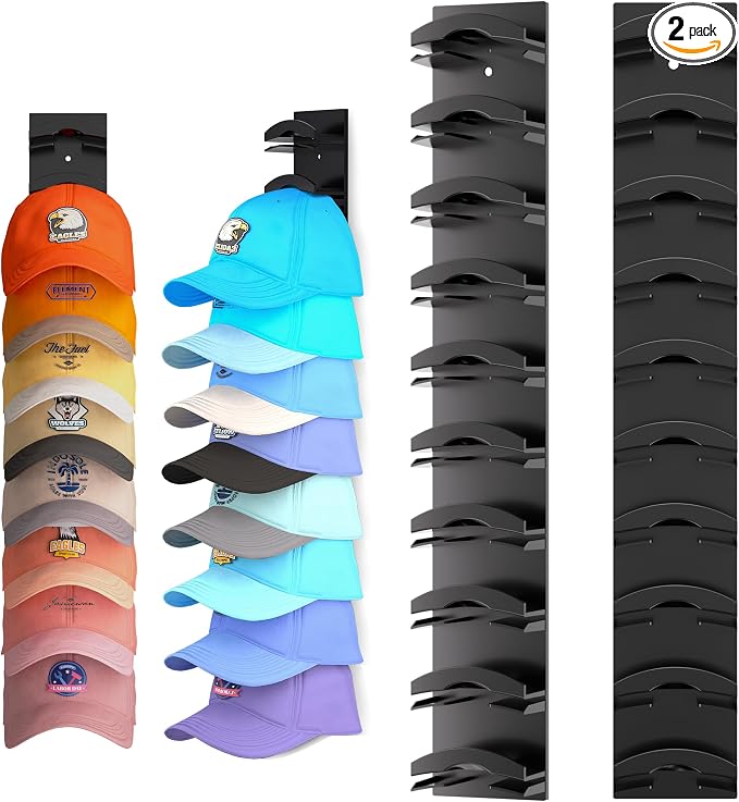 Hat Organizer for Baseball Caps 2Pack, Hat Rack for Wall with Strong Adhesive Hold up to 20 Hats, Hat Hanger Holder Display for Door Closet, Cap Organizer Storage Multilayer Two Mounting Option(Black) by Houoisheck