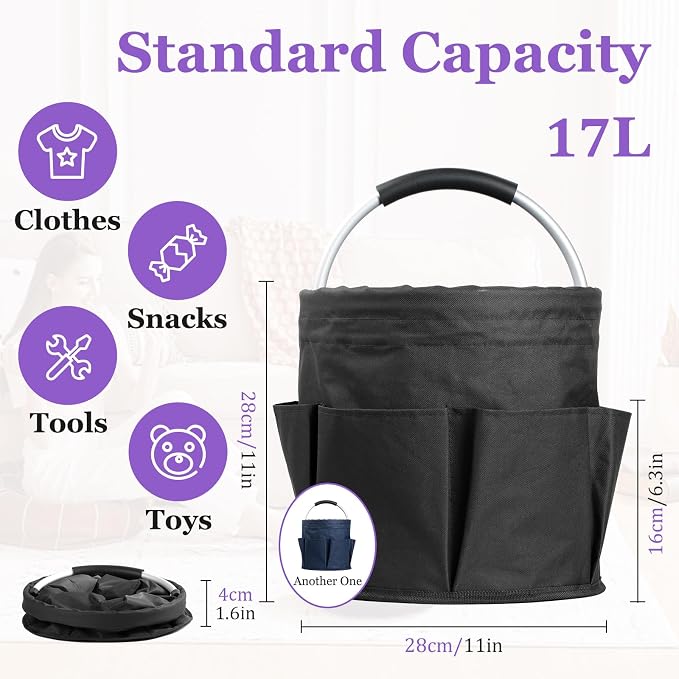 17L Bucket Tool Organizer with 6 Side Pockets, 2Pcs Collapsible Cleaning Caddy with Handle, Folding Gardening Tool Bag, Multifunctional Storage Basket for Garden, Bathroom, Black + Navy Blue - Image 2