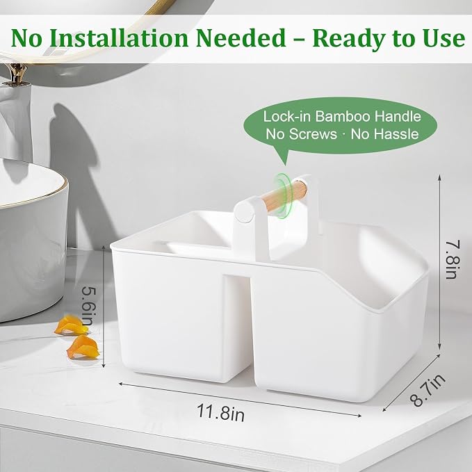 rejomiik Plastic Shower Caddy, Portable Basket with Bamboo Handle, White - Image 3