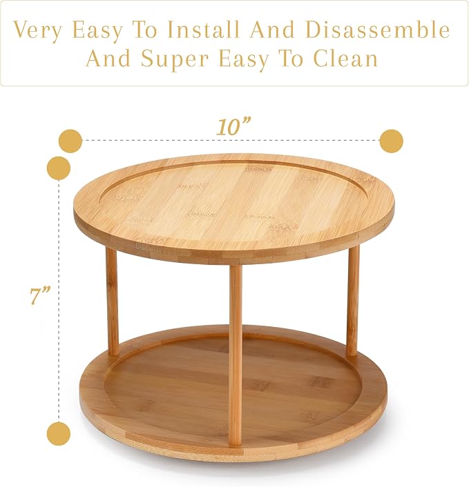 Bamboo Turntable Lazy Susan Rotating Spice Rack (10" Inches) - 2 Tier Spice Rack Organizer for Kitchen Cabinets, Pantry Storage - Durable, Easy Access, Space-Saving Design for Home Organization - Image 3