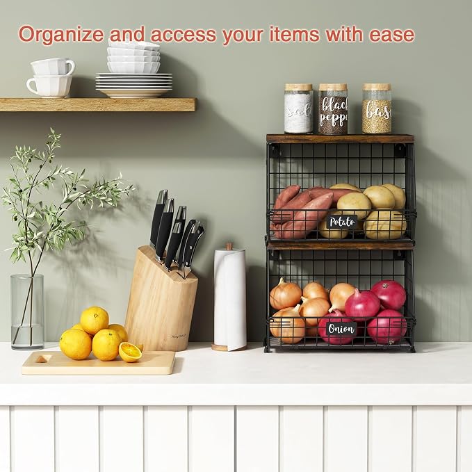 Goozii Hanging Wall Fruit Basket for Kitchen Counter 2 Pack, Stackable Wire Baskets for Organizing with Wood Lid, Potato and Onion Storage Bin with Banana Hook for Vegetable Produce, Black + Rustic - Image 2