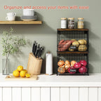 Goozii Hanging Wall Fruit Basket for Kitchen Counter 2 Pack, Stackable Wire Baskets for Organizing with Wood Lid, Potato and Onion Storage Bin with Banana Hook for Vegetable Produce, Black + Rustic - Image 2