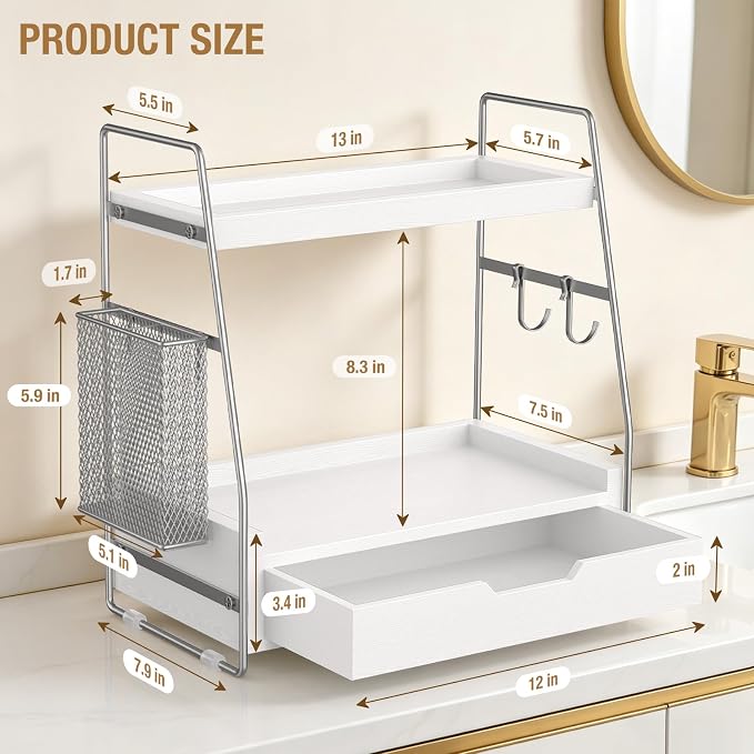 2-Tier Bathroom Counter Organizer with Drawer, Wood Counter Storage Shelf - Image 2