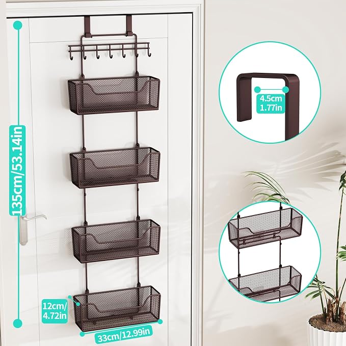 HapiRm Over The Door Organizer - Hanging Door Organizer with 4 Metal Large Capacity Baskets and Adjustable Coat Hook for Bathroom Bedroom Kitchen Pantry Closet Cabinet - Image 3