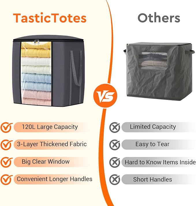 TasticTotes 120L Extra Large Blanket Clothes Storage Bags, Black, 4 Pack | Foldable Blanket Storage and Organization, Thick Fabric Containers with Reinforced Handles & Zippers for Comforters, Bedding - Image 5