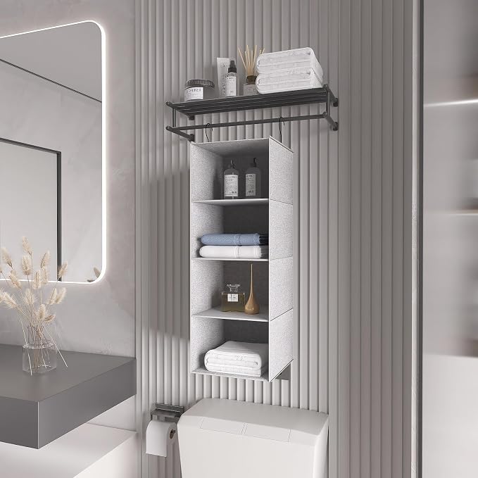 Hanging Closet Organizer 4-Shelf, Oxford Linen Wardrobe Storage, Gray | Easy-mount foldable design holds clothes, handbags, shoes & accessories; washable Oxford fabric, sturdy and space-saving. - Image 2