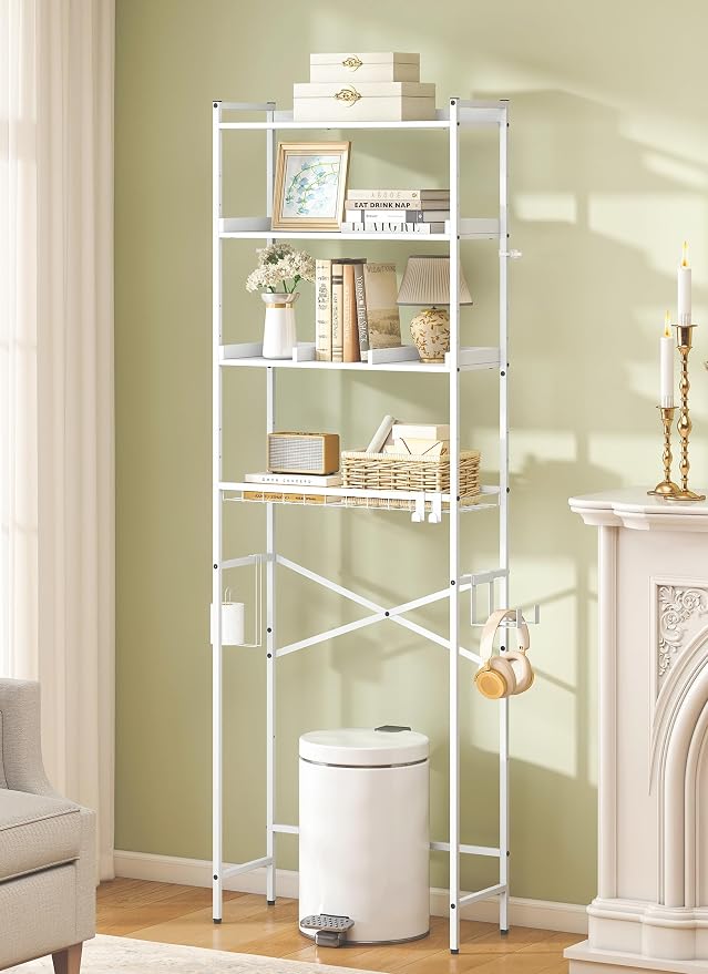 Quikraen 4 Tier Over The Toilet Storage Shelf with 3 Adjustable Shelves, Space Saver Bathroom Organizer with 4 Hooks, Freestanding Above Toilet Rack for Restroom Laundry (White) - Image 9