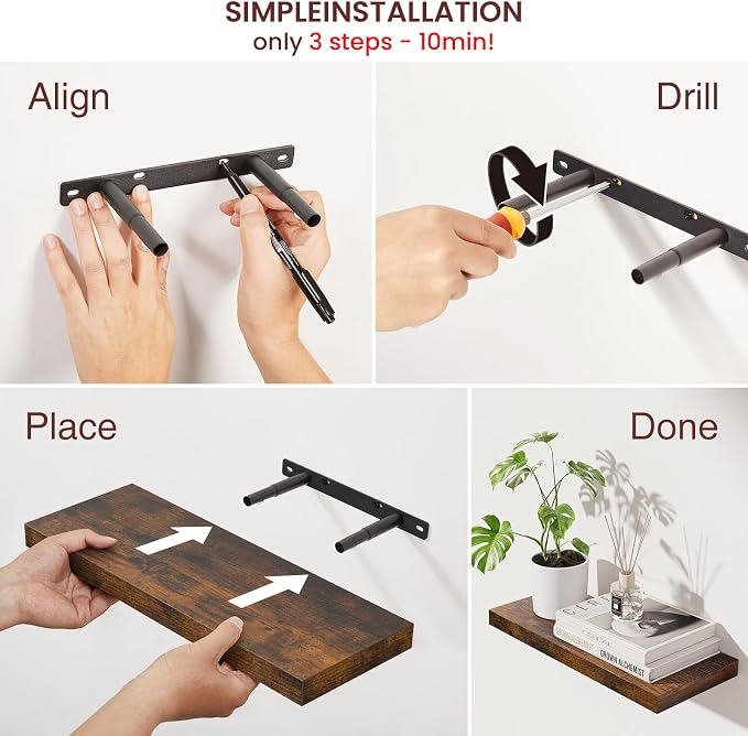 BAYKA Rustic Brown Floating Shelves 15.7in, Set of 4, Wall Mount Wood Shelf - Image 6