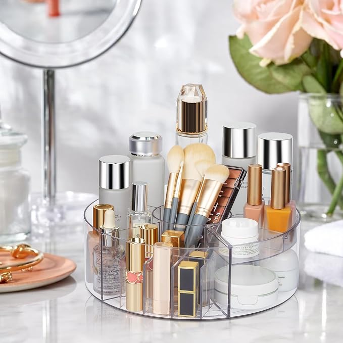 360° Rotating Makeup Organizer, 10" Clear Turntable Lazy Susan Organizer for Vanity, Bathroom Counter, Cabinet, Spinning Cosmetic Storage Holder with 6 Dividers for Skincare, Makeup Brushes, Lipsticks - Image 5