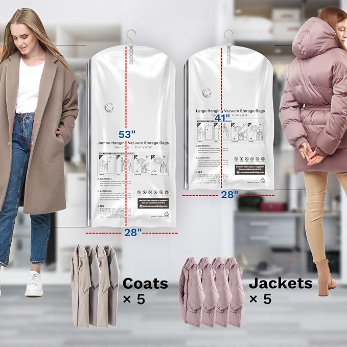 Hanging Vacuum Storage Bags, Space Saver for Clothing, 6 Combo with Pump | Vacuum Seal Bags for Clothing with Electric Pump, Hanging Garment Storage for Jackets, Suit, Dresses, Winter Closet Organizer - Image 8