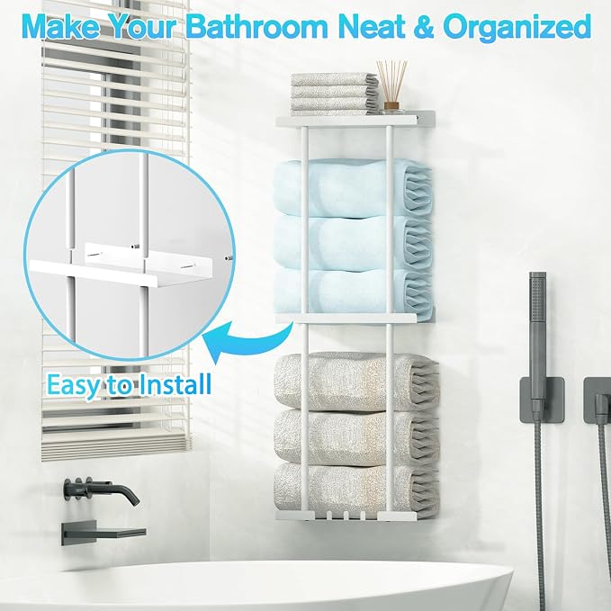 Liuoud Towel Rack for Bathroom, Wall Mounted Vertical Rolled Towel Storage Organizer Holder with Shelf, Holds Up 6 Large Bath Sheets, White Large Size - Image 9