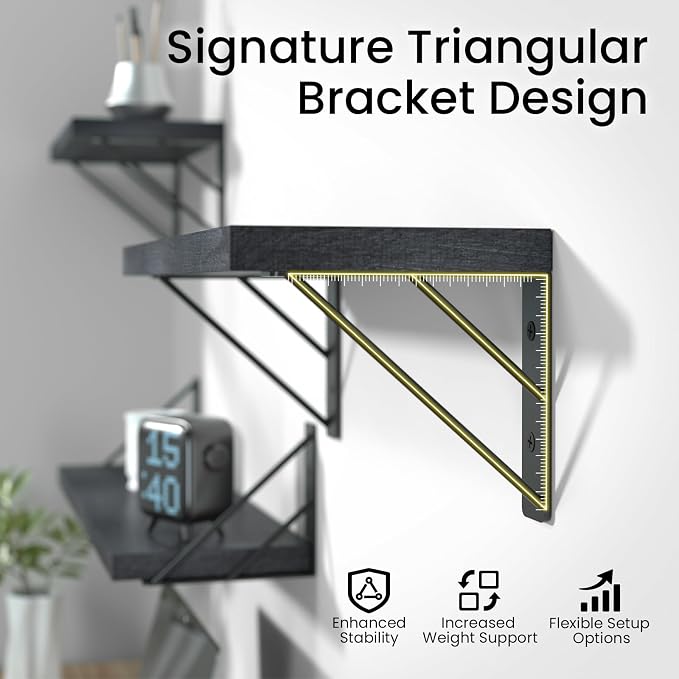 BAYKA Wall Mounted Floating Shelves, Wood, Black, Set of 3, 23in - Image 7