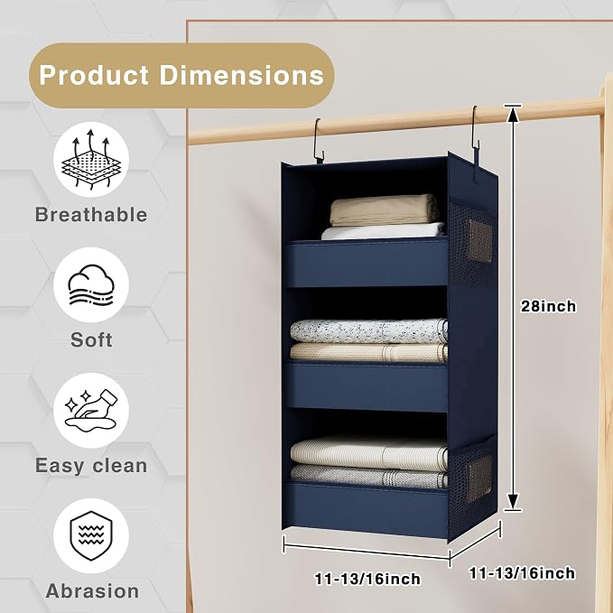 3-Shelf Hanging Closet Organizer and Storage, Foldable Hanging Closet Shelves Front Lip Design Washable Hanging Storage, Navy Blue - Image 3