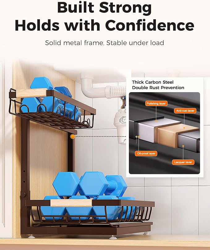 Sevenblue 3-Pack 2-Tier Height Adjustable Under Sink Organizer, Brown - Image 6