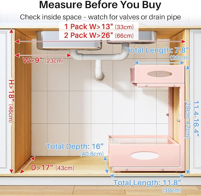Under Sink Organizer, 2 Tier Pull Out Under Cabinet Organizer Shelf with Pad for Framed Cabinets, Metal Slide Out Under Sink Storage, Mesh Sliding Drawers for Kitchen Bathroom Laundry(Pink, 1 Pack) - Image 2