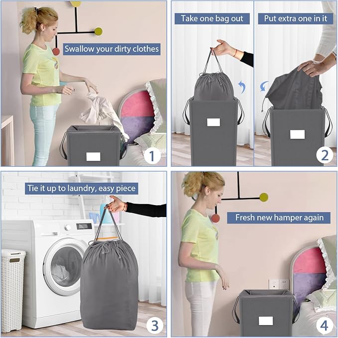 MCleanPin 210L Laundry Hamper Collapsible with 2 Washable Laundry Bags, Dirty Clothes Hamper,Laundry Basket with Handles Foldable Hamper Dorm Laundry Basket for College,Grey - Image 3