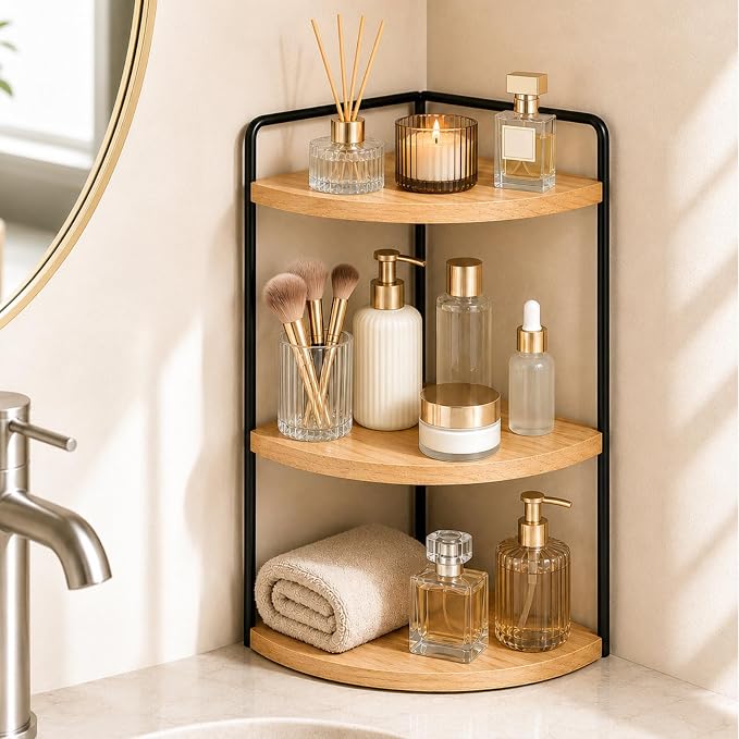 3-Tier Corner Bathroom Countertop Organizer, Solid Pine Wood Vanity Shelf by SwartLife