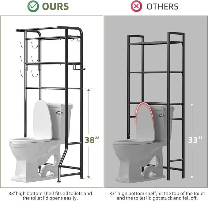 Simple Trending Over The Toilet Storage Cabinet, Metal Bathroom Shelf Organizer with Paper Holder and Hooks, 3 Tier, Black - Image 2