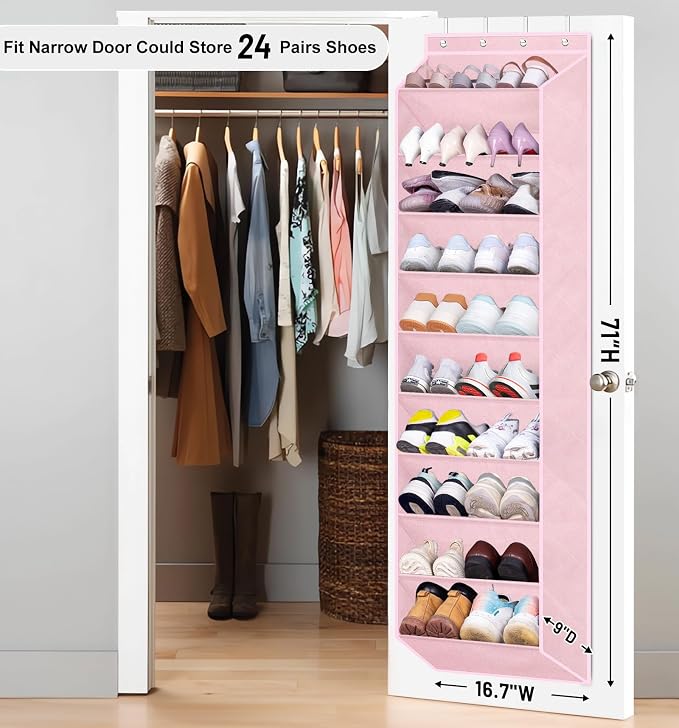 SLEEPING LAMB Over The Door Shoe Organizer for Closet with Large Deep Pockets, Narrow Shoe Rack for Door Hanging Boots Storage, Pink - Image 2