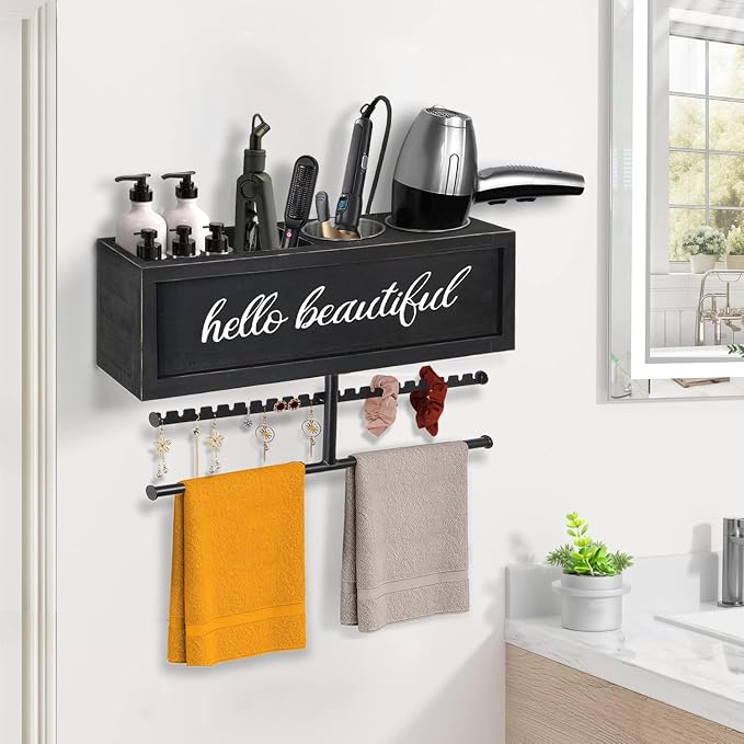 Rustic Hair Dryer Holder Wall Mounted,Hair Styling Tools & Accessories Organizer,Bathroom Supplies & hot Tools vanities Organizer Caddy,for Storage Flat Iron,Blow Dryer,Curling Iron,Towel - Image 2