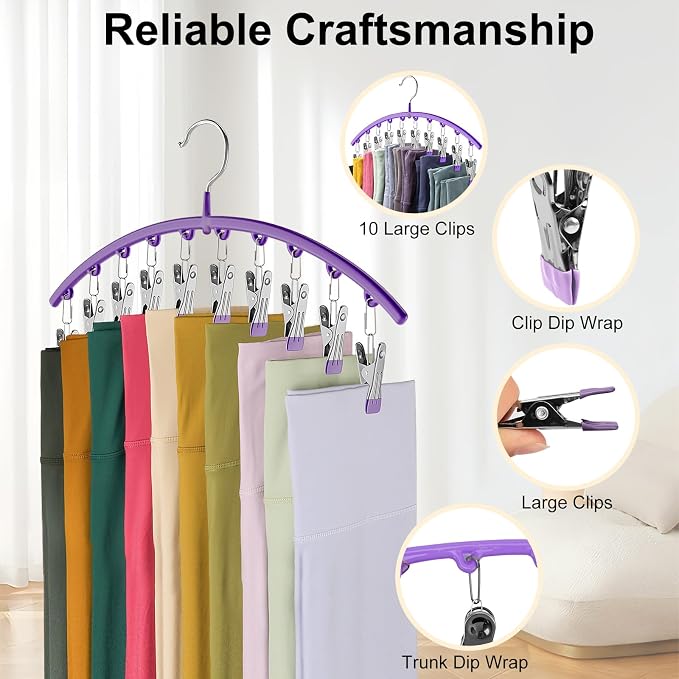 Volnamal Legging Organizer for Closet,4 Pack Metal Yoga Pants Hanger-Purple | Clothes Hanger w/10 Clips Hold 40 Leggings,Space Saving Hanging Closet Organizer College Dorm Essentials Apartment Essential - Image 5