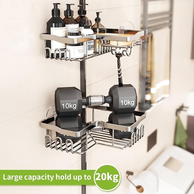 SWTYMIKI Shower Caddy Corner with Soap Holder, 2-Tier Stainless Steel Corner Shower Organizer with 11 Hooks, No Drilling & 6 Strong Adhesives Bathroom Shelf Organizer, Silver - 2 Tier - Image 4