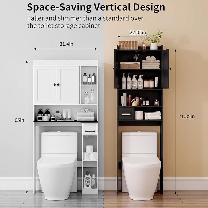 Over the Toilet Storage Cabinet,Tall Slim Bathroom Organizer with Doors, Adjustable Shelves & Built-in Toilet Paper Holder, Space-Saving Above Toilet Cabinet for Small Bathrooms(Black) - Image 6
