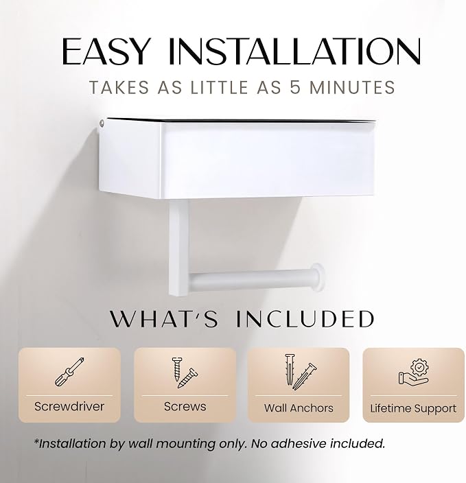 Day Moon™ - Toilet Paper Holder with Shelf - Modern Roll Holder for Bathroom - 1 Pack - Wall Mount - with Storage, White - Image 5