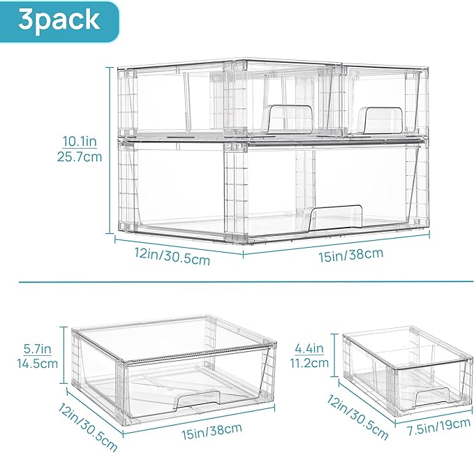 Vtopmart Clear Stackable Storage Drawers, 3 Pack Wide Organizer Set - Image 3
