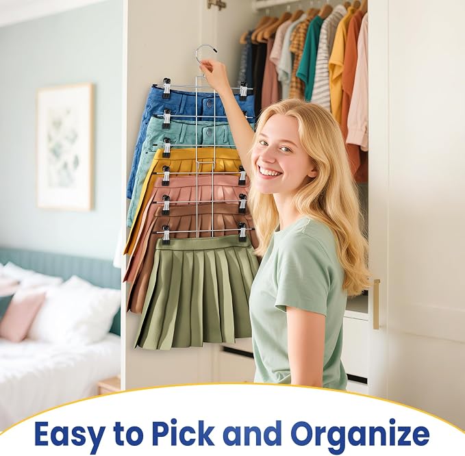 DAMITA Skirt Pants Hangers with Clips Space Saving Hanging Closet Organizer 6 Tiers Hanger with 360° Swivel Hook, Finger-Safe Design- College Dorm Room Apartment Essentials 3-Pack - Image 7