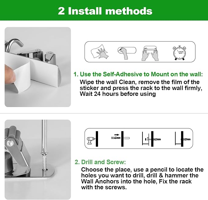 voze [2 Pack] 5 Racks and 4 Hooks Mop and Broom Holder Wall Mount, Self Adhesive Heavy Duty Broom Organizer Storage Tool Racks for Kitchen Garden Laundry Garage, 304 Stainless Steel, Silver - Image 7
