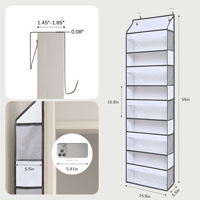 5 Tiers Ultra-thin Over Door Organizer with 10 Mesh Side Pockets, 44 lbs Weight Capacity Hanging Storage Organizer with Clear Window Kids Toys, Shoes, Diapers, White & Grey - Image 2