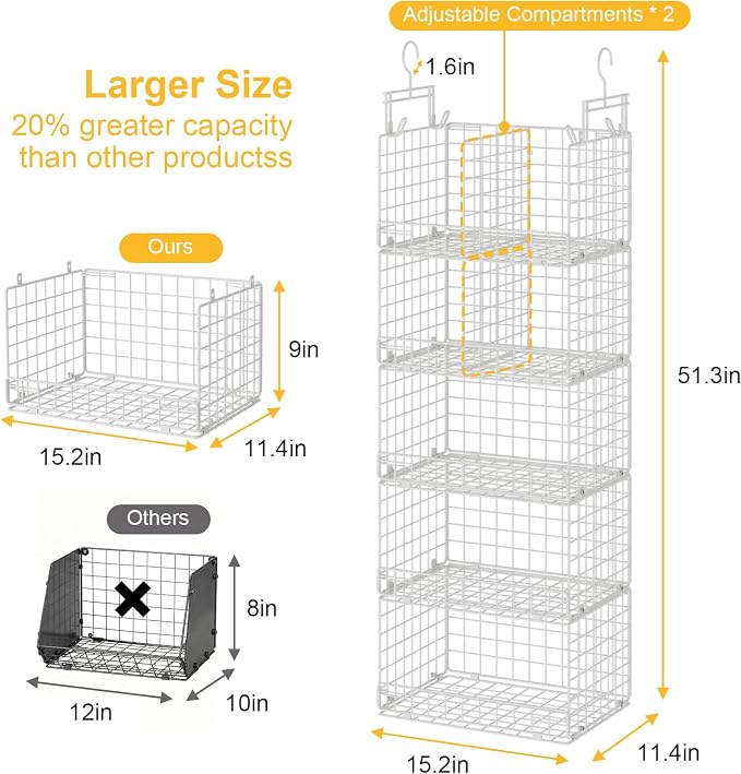 VyGrow 5 Tier Hanging Closet Organizer with Adjustable Dividers, Heavy-Duty Storage Shelves for Clothing, Kitchen, Laundry Room, Extra Large Baskets, 15.7" W x 11.8" D x 51" H, White - Image 2