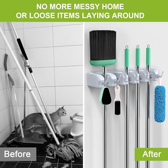 LETMY Broom Holder Wall Mounted - Mop and Broom Hanger Holder - Garage Storage Rack & Garden Tool Organizer - 5 Position 6 Hooks for Home, kitchen, Garden, Tools, Garage - Image 5