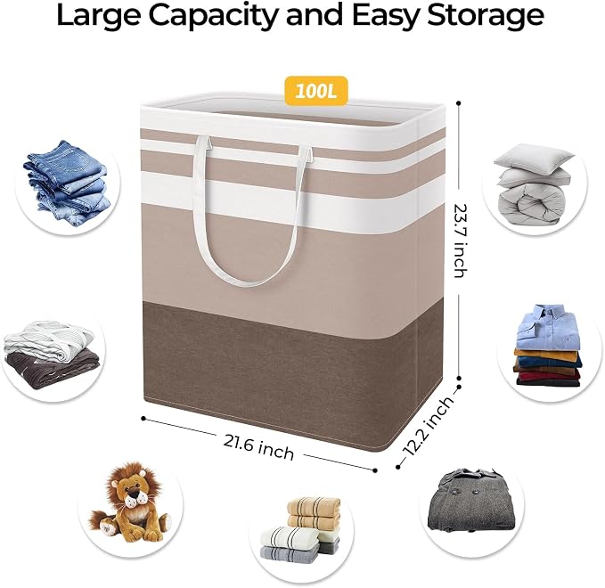 HomeHacks 2 Pack Large Laundry Baskets, Laundry Hampers Bags (Khaki 100Lx2) | Waterproof, Freestanding, Collapsible Clothes Hamper with Reinforced Handles in Laundry Room, Dorm, Bathroom, Bedroom - Image 4