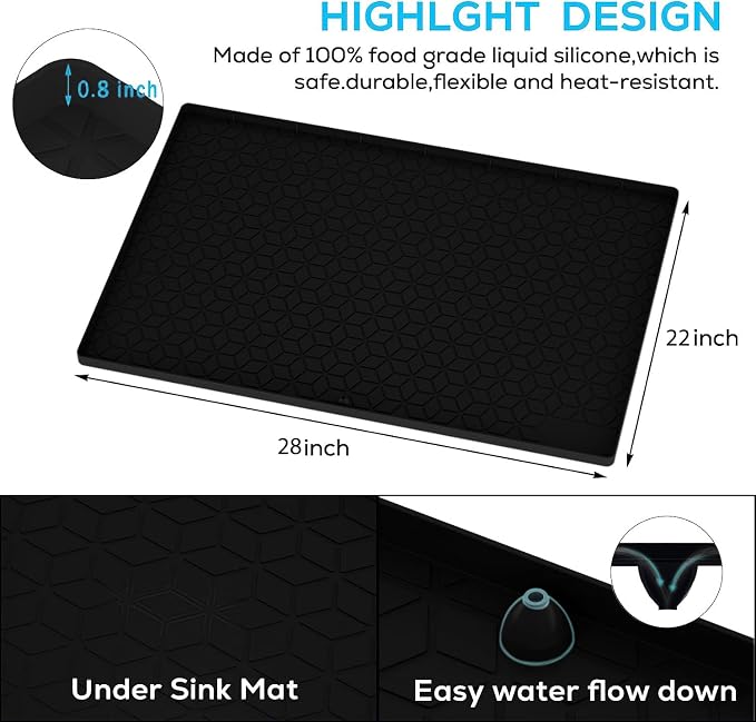 Under Sink Mat, 28"x22" Under Sink Mats for Kitchen, Silicone Waterproof Under Sink Liner, Sink Cabinet Organizer Tray with Drain Hole - Image 2