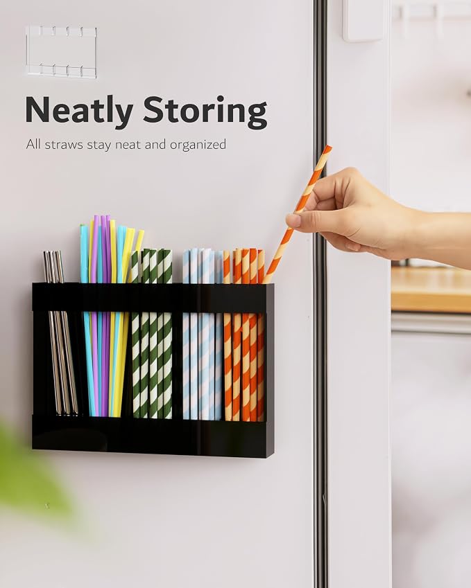 Acrylic Straw Holder & Organizer - Compact, Adhesive Tape Included for Easy Installation - Perfect for Countertops, Cabinets, or Kitchen Storage (Black-5 Compartments) - Image 7
