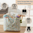Quilted Fabric Storage Basket with Handles & Pocket, Foldable Laundry Hamper Boho Floral Print Organizer Bin for Home, Picnic, Office 12"x10"x10" (A-3) - Image 4