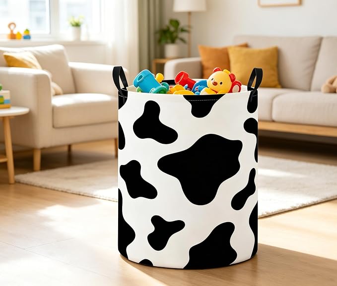 Baby Laundry Basket Baby Nursery Hamper Kids Laundry Basket Toy Storage Bin for Boys Room Decor Gift Baskets for Bedroom Bathroom(Black Cow) - Image 3