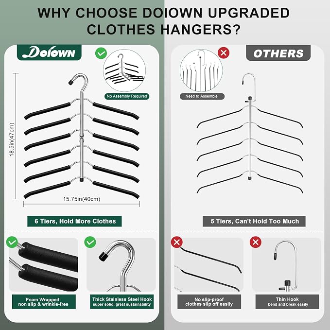 DOIOWN Clothes Hangers Space Saving: 6 Tier Coat Hanger Space Saving Hangers Non Slip Foam Padded Hanger, 3 Pack Black Metal Sweater T Shirt Hangers for Men Women, Closet Organizers and Storage - Image 3