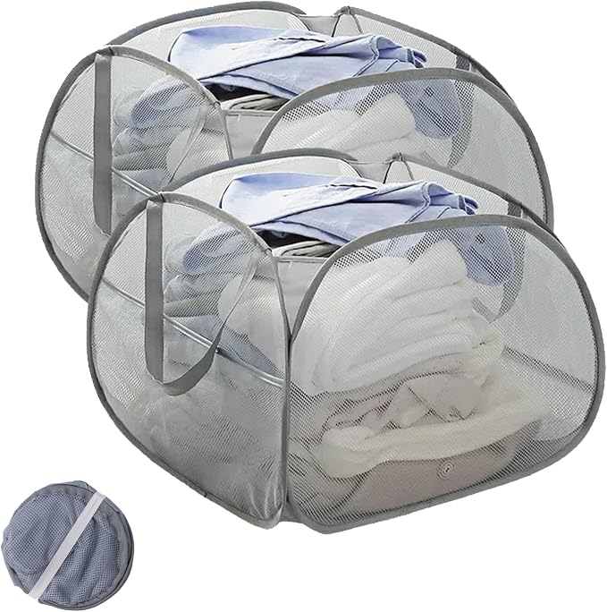Collapsible Laundry Basket 90L, Mesh Pop-up Hamper, Gray 2PCS by LUANMEET