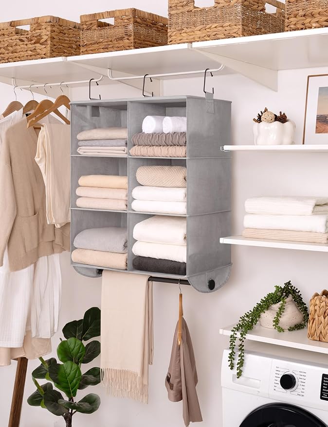 StorageWorks Hanging Closet Organizer with Rod, 6 Sections, 3 Tiers | Maximize Closet Space with 6 Open Sections and Built-in Rod for Hanging Clothes Below, Grey and White - Image 7