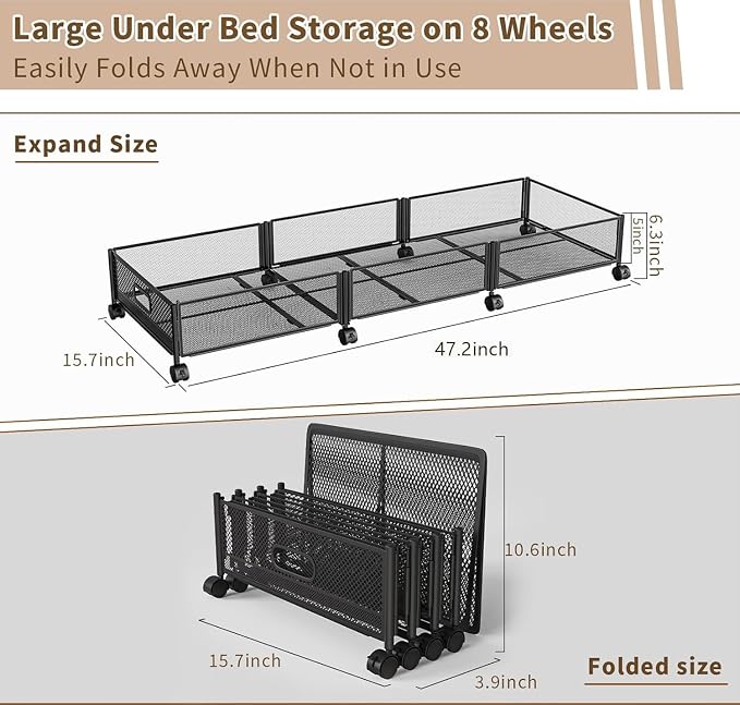 47.2'' Long Under Bed Storage on Wheels, 57.6L Large Capacity Rolling Under the Bed Storage Containers, Tool-Free Assembly Foldable Underbed Shoes Clothes Toy Drawers - Image 7